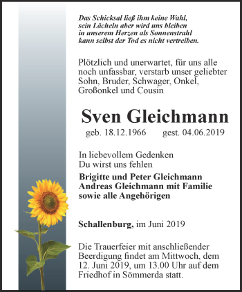 Traueranzeige von Sven Gleichmann von Thüringer Allgemeine