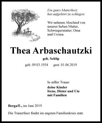 Traueranzeige von Thea Arbaschautzki von Ostthüringer Zeitung