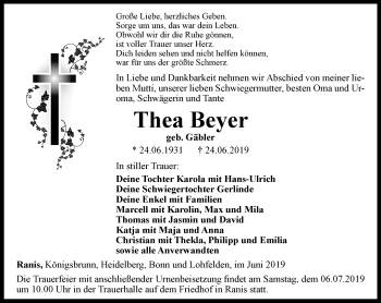 Traueranzeige von Thea Beyer von Ostthüringer Zeitung