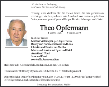 Traueranzeige von Theo Opfermann von Thüringer Allgemeine