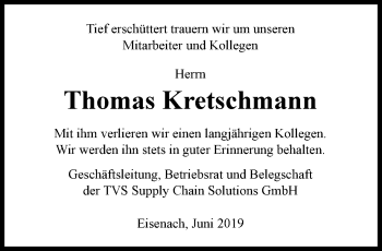 Traueranzeige von Thomas Kretschmann von Thüringer Allgemeine, Thüringische Landeszeitung