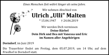 Traueranzeige von Ulrich Malten von Ostthüringer Zeitung, Thüringische Landeszeitung