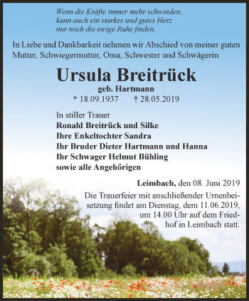 Traueranzeige von Ursula Breitrück von Thüringer Allgemeine