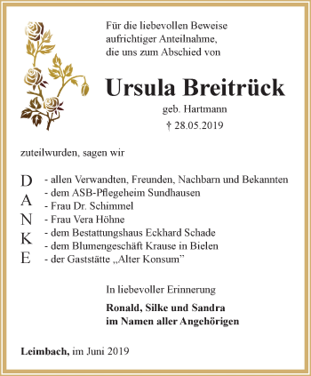 Traueranzeige von Ursula Breitrück von Thüringer Allgemeine