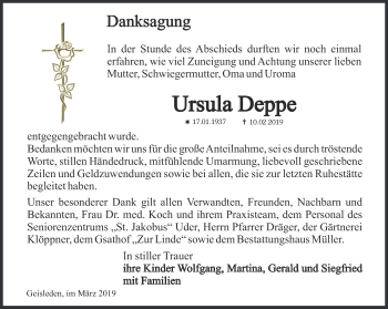 Traueranzeige von Ursula Deppe von Thüringer Allgemeine