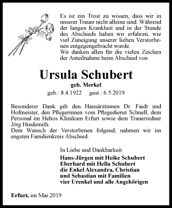Traueranzeige von Ursula Schubert von Thüringer Allgemeine, Thüringische Landeszeitung