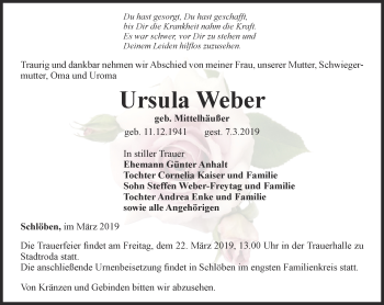 Traueranzeige von Ursula Weber von Ostthüringer Zeitung