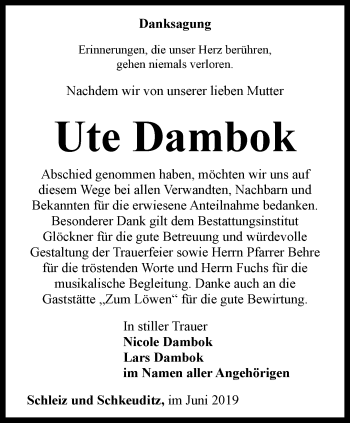 Traueranzeige von Ute Dambok von Ostthüringer Zeitung