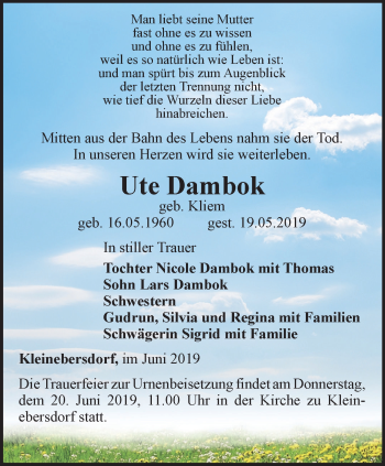 Traueranzeige von Ute Dambok von Ostthüringer Zeitung
