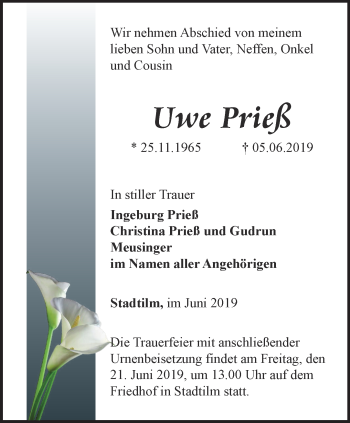 Traueranzeige von Uwe Prieß von Thüringer Allgemeine