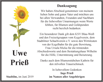 Traueranzeige von Uwe Prieß von Thüringer Allgemeine