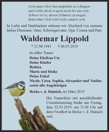 Traueranzeige von Waldemar Lippold von Thüringer Allgemeine, Thüringische Landeszeitung