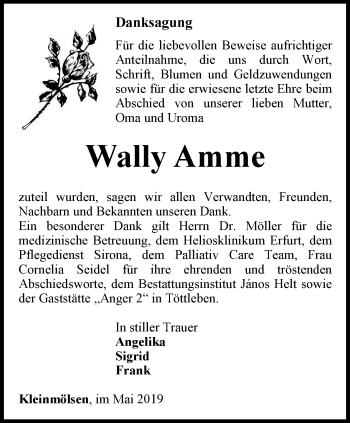 Traueranzeige von Wally Amme von Thüringer Allgemeine, Thüringische Landeszeitung