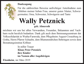 Traueranzeige von Wally Petznick von Ostthüringer Zeitung, Thüringische Landeszeitung