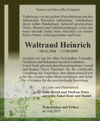 Traueranzeige von Waltraud Heinrich von Thüringer Allgemeine, Thüringische Landeszeitung