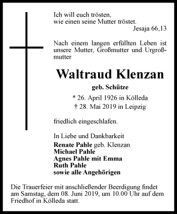 Traueranzeige von Waltraud Klenzan von Thüringer Allgemeine