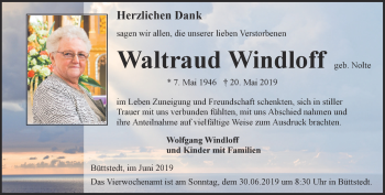 Traueranzeige von Waltraud Windloff von Thüringer Allgemeine