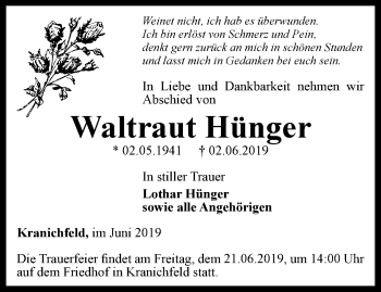 Traueranzeige von Waltraut Hünger von Thüringer Allgemeine, Thüringische Landeszeitung