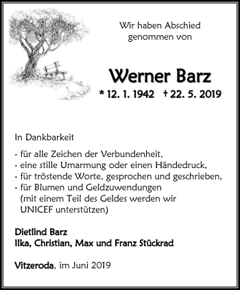 Traueranzeige von Werner Barz von Thüringer Allgemeine, Thüringische Landeszeitung