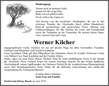 Traueranzeige von Werner Kilcher von Ostthüringer Zeitung