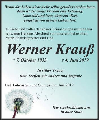 Traueranzeige von Werner Krauß von Ostthüringer Zeitung