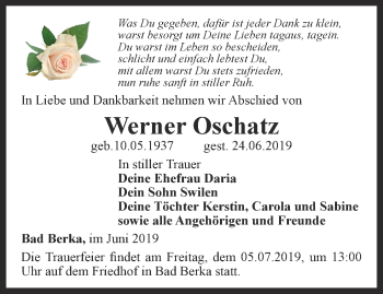 Traueranzeige von Werner Oschatz von Thüringer Allgemeine, Thüringische Landeszeitung