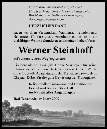Traueranzeige von Werner Steinhoff von Thüringer Allgemeine, Thüringische Landeszeitung