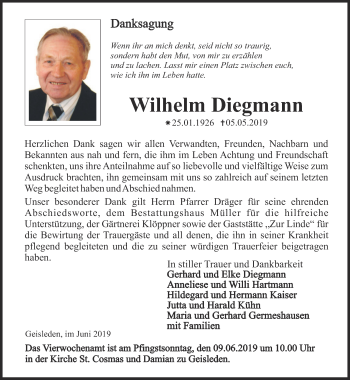 Traueranzeige von Wilhelm Diegmann von Thüringer Allgemeine