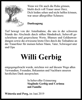 Traueranzeige von Willi Gerbig von Thüringer Allgemeine, Thüringische Landeszeitung