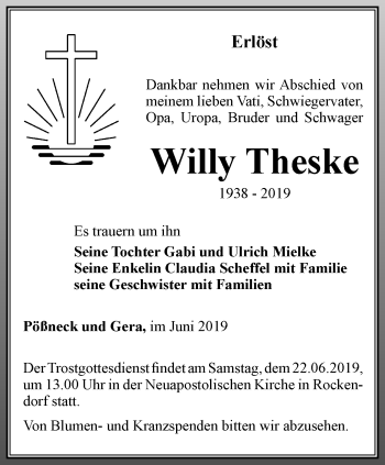 Traueranzeige von Willy Theske von Ostthüringer Zeitung