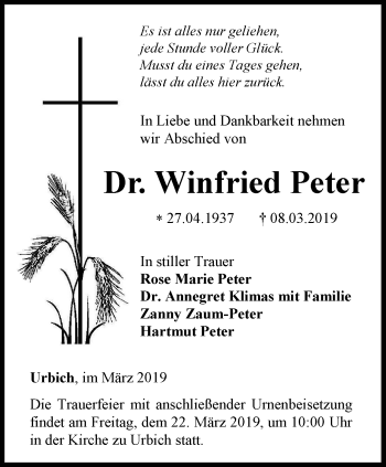 Traueranzeige von Winfried Peter von Thüringer Allgemeine, Thüringische Landeszeitung