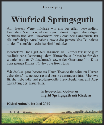 Traueranzeige von Winfried Springsguth von Ostthüringer Zeitung