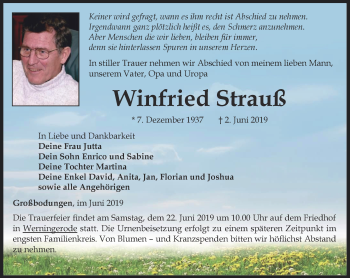 Traueranzeige von Winfried Strauß von Thüringer Allgemeine