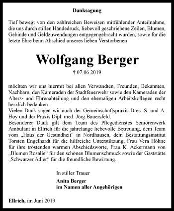 Traueranzeige von Wolfgang Berger von Thüringer Allgemeine