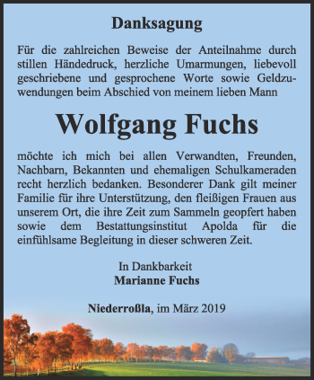 Traueranzeige von Wolfgang Fuchs von Thüringer Allgemeine, Thüringische Landeszeitung