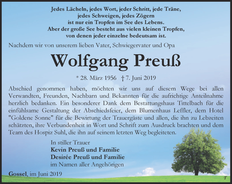  Traueranzeige für Wolfgang Preuß vom 22.06.2019 aus Thüringer Allgemeine