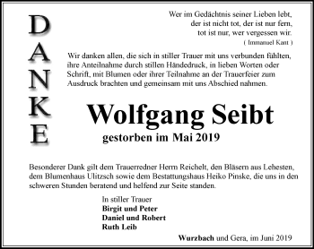 Traueranzeige von Wolfgang Seibt von Ostthüringer Zeitung