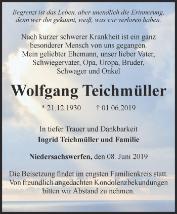 Traueranzeige von Wolfgang Teichmüller von Thüringer Allgemeine