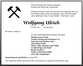 Traueranzeige von Wolfgang Ulrich von Thüringer Allgemeine