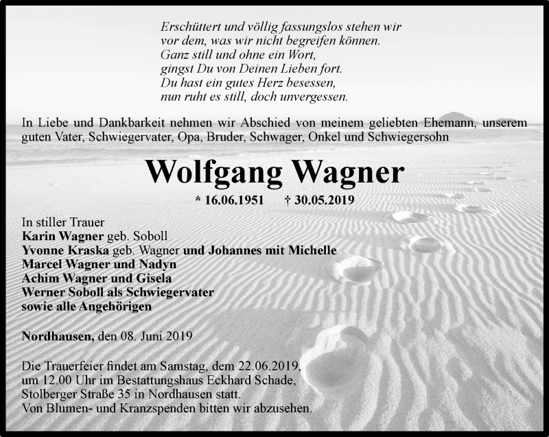  Traueranzeige für Wolfgang Wagner vom 08.06.2019 aus Thüringer Allgemeine