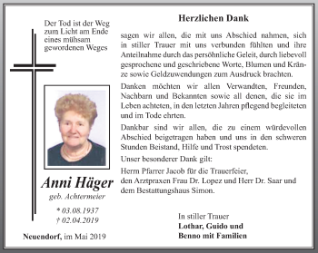 Traueranzeige von Anni Häger von Thüringer Allgemeine, Thüringische Landeszeitung, Ostthüringer Zeitung