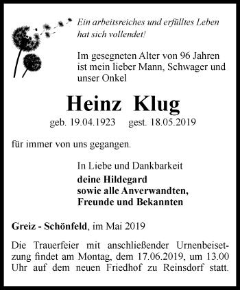 Traueranzeige von Heinz Klug von Thüringer Allgemeine, Thüringische Landeszeitung, Ostthüringer Zeitung