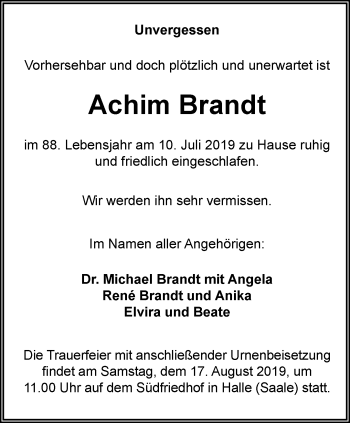 Traueranzeige von Achim Brandt von Ostthüringer Zeitung, Thüringische Landeszeitung