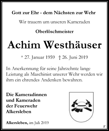 Traueranzeige von Achim Westhäuser von Thüringer Allgemeine