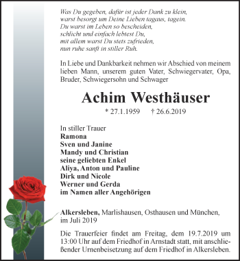 Traueranzeige von Achim Westhäuser von Thüringer Allgemeine