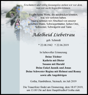Traueranzeige von Adelheid Liebetrau von Ostthüringer Zeitung, Thüringische Landeszeitung