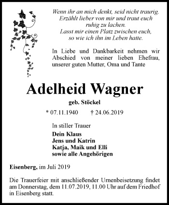 Traueranzeige von Adelheid Wagner von Ostthüringer Zeitung