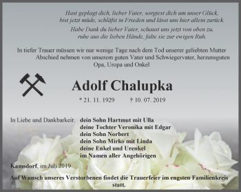 Traueranzeige von Adolf Chalupka von Ostthüringer Zeitung