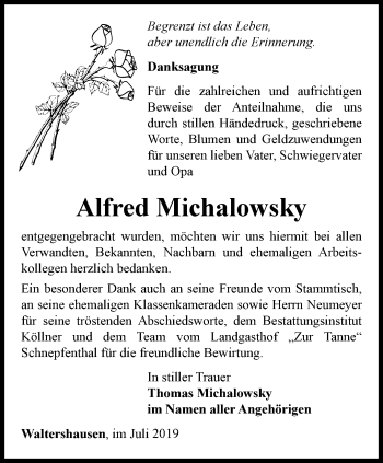 Traueranzeige von Alfred Michalowsky von Ostthüringer Zeitung, Thüringische Landeszeitung