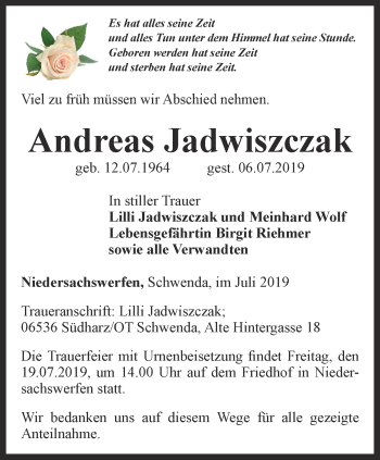 Traueranzeige von Andreas Jadwiszczak von Thüringer Allgemeine